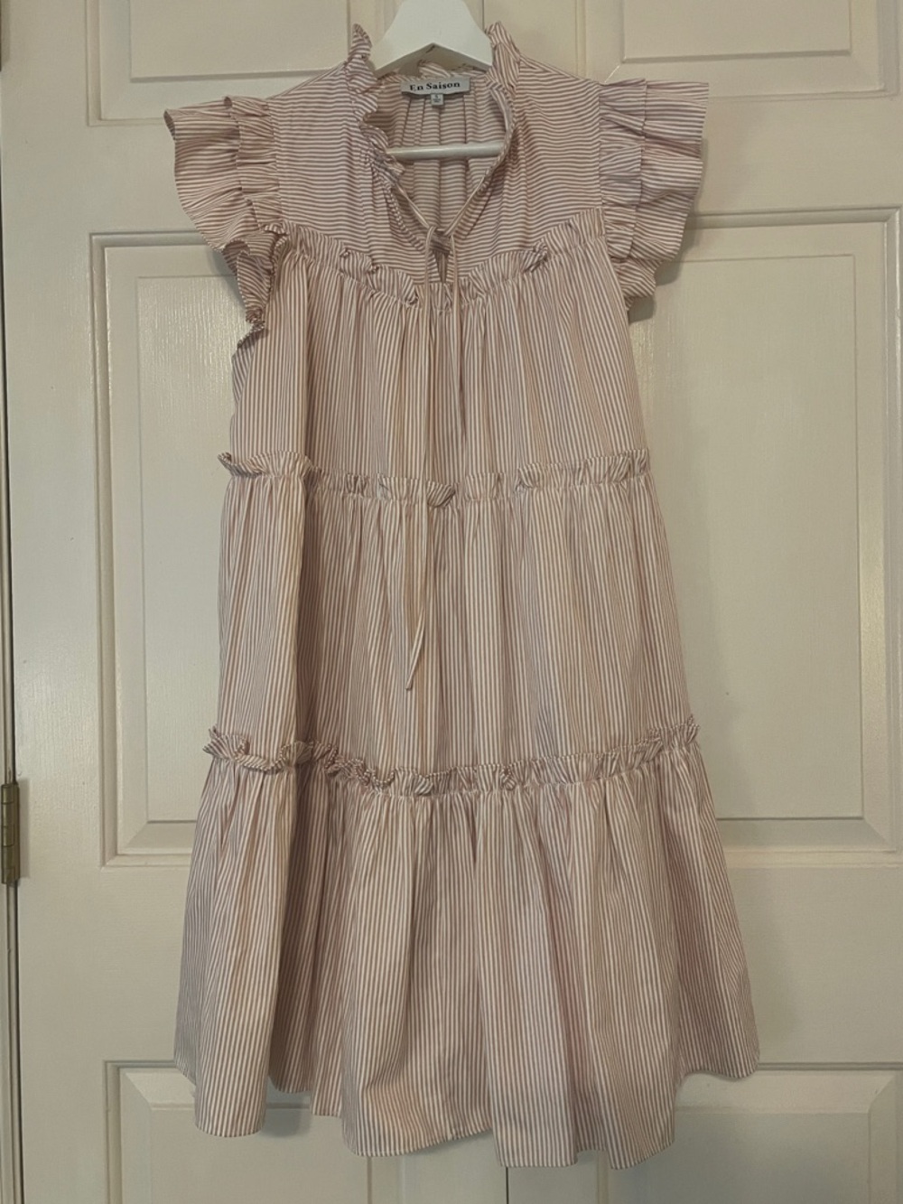 En Saison Coastal Cottagecore Striped Tiered Ruffle Dress with Pockets preppy